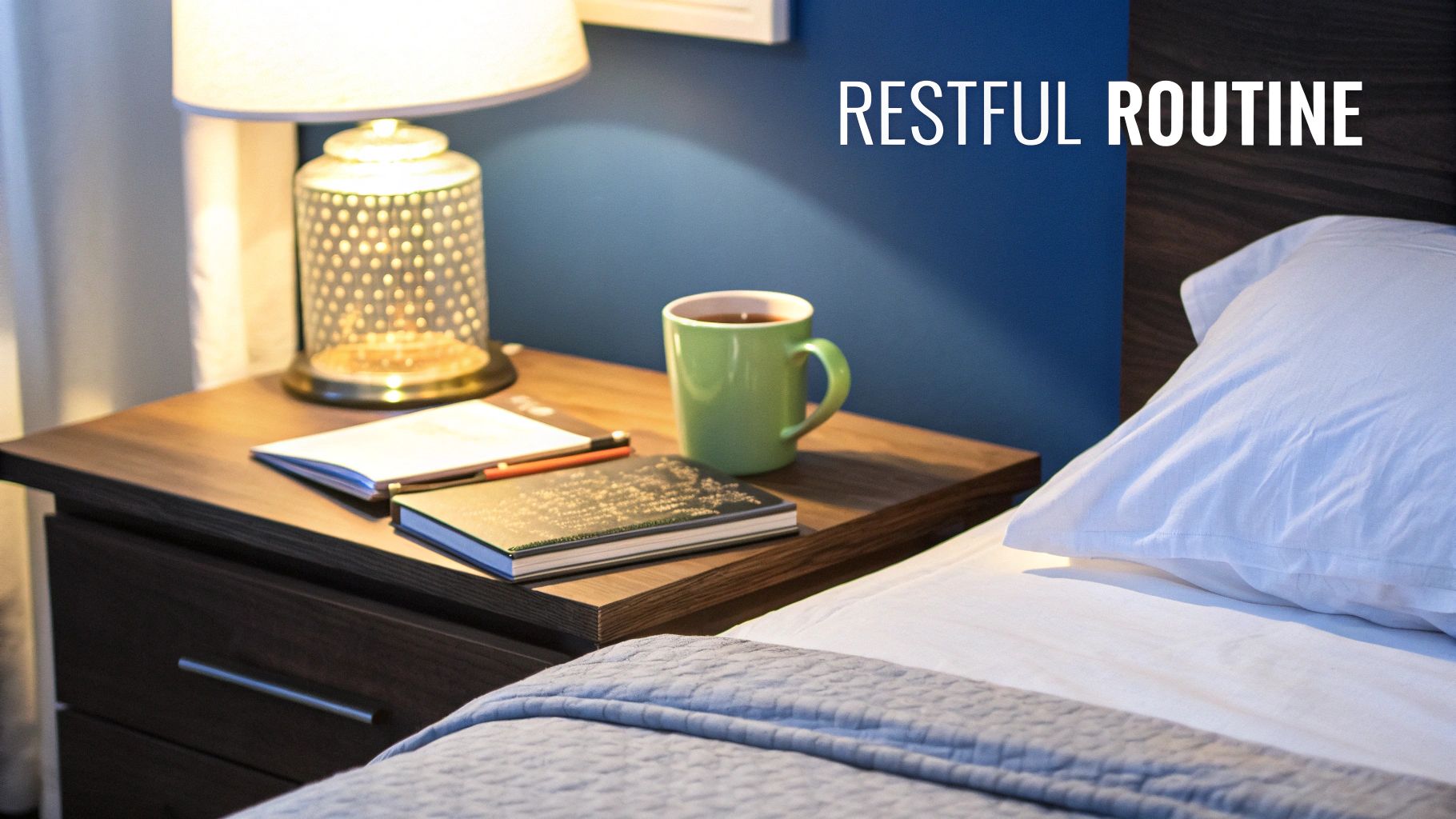 A serene bedroom scene with a bedside table, lamp, and mug, suggesting a restful routine.