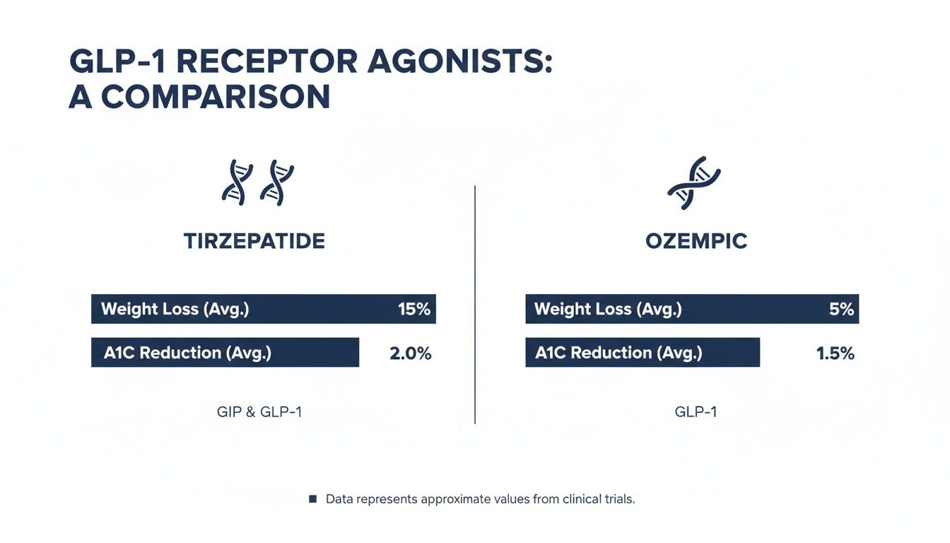 A comparison chart of Tirzepatide and Ozempic, detailing average weight loss and A1C reduction percentages.