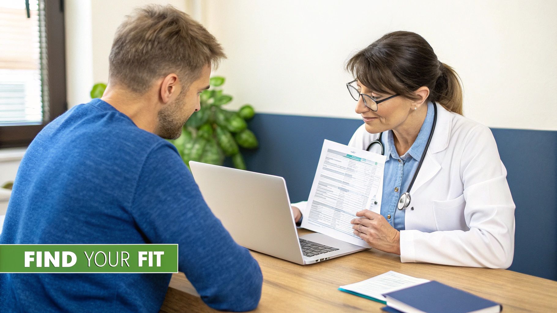 A female doctor with a stethoscope discusses documents with a male patient across a desk with a laptop.