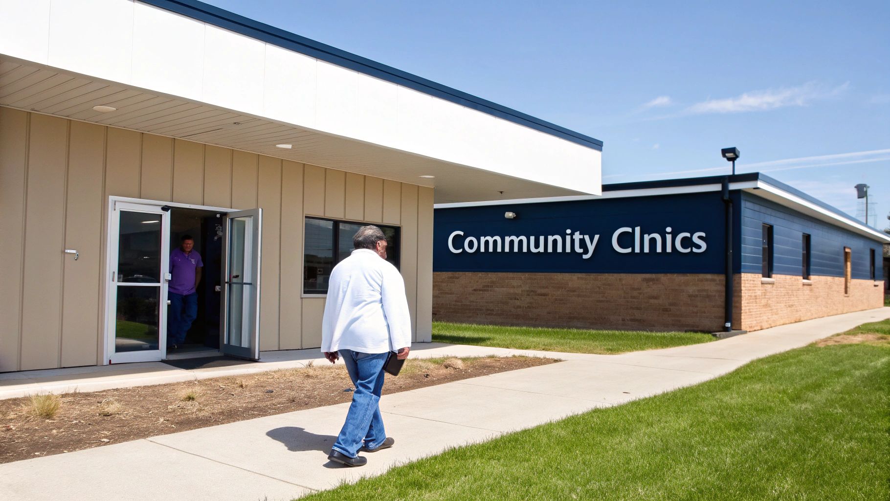 Exterior view of a Community Clinics building with a man walking away and another man exiting.