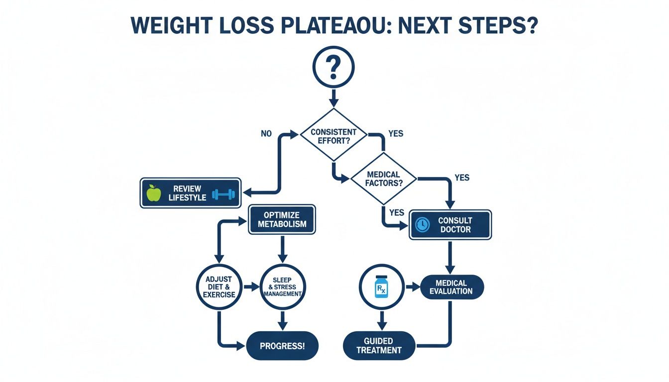 Flowchart detailing steps to overcome a weight loss plateau, including lifestyle adjustments and medical evaluation.