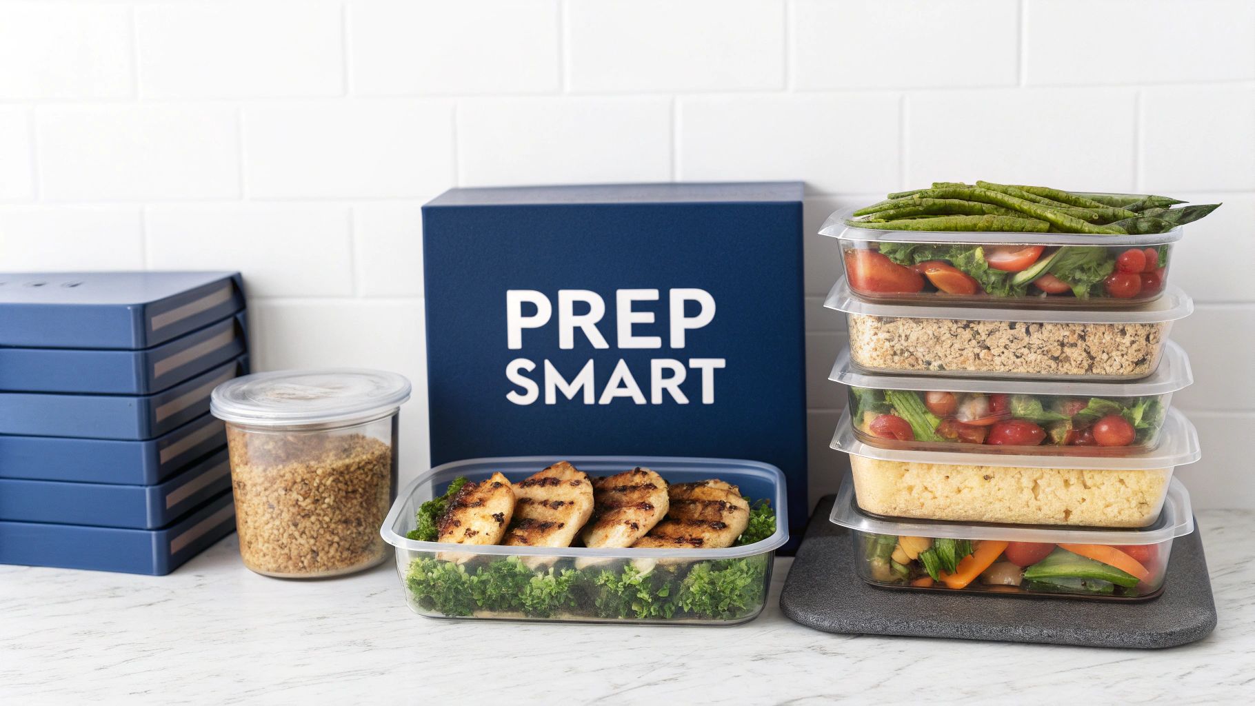 Assortment of prepped healthy meals in containers, a jar of nuts, and a 'PREP SMART' box.