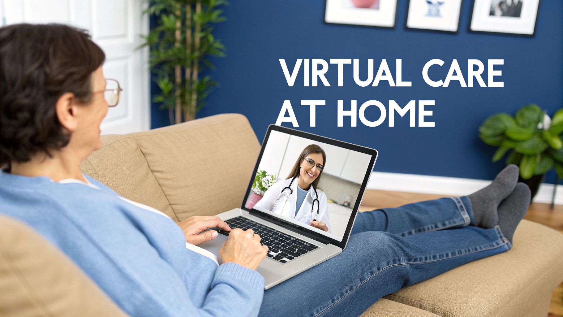 An older woman relaxes on a couch, using a laptop for a virtual doctor's appointment at home.