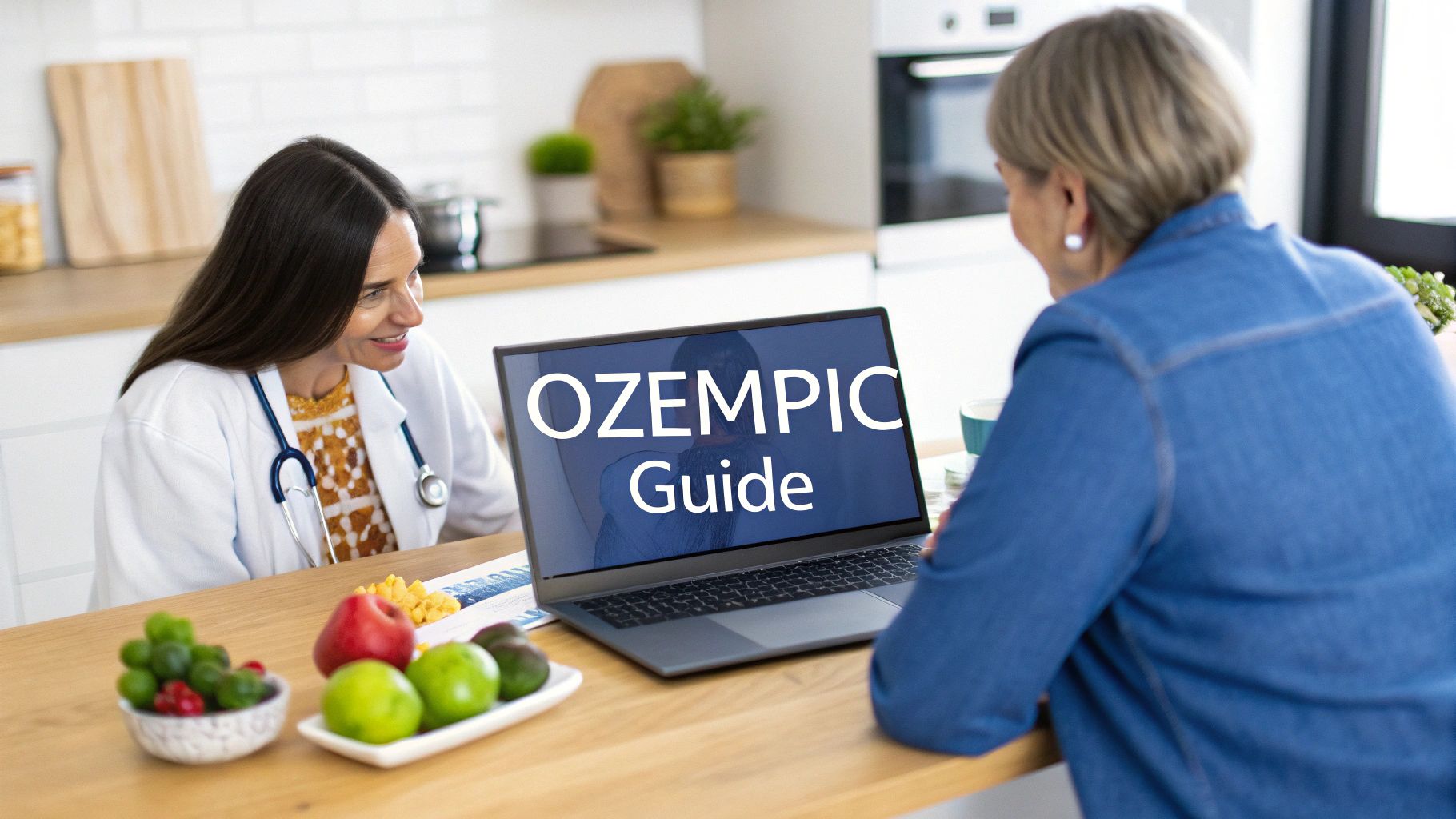 A doctor consults a patient about an "OZEMPIC Guide" displayed on a laptop, with fresh fruits on the table.