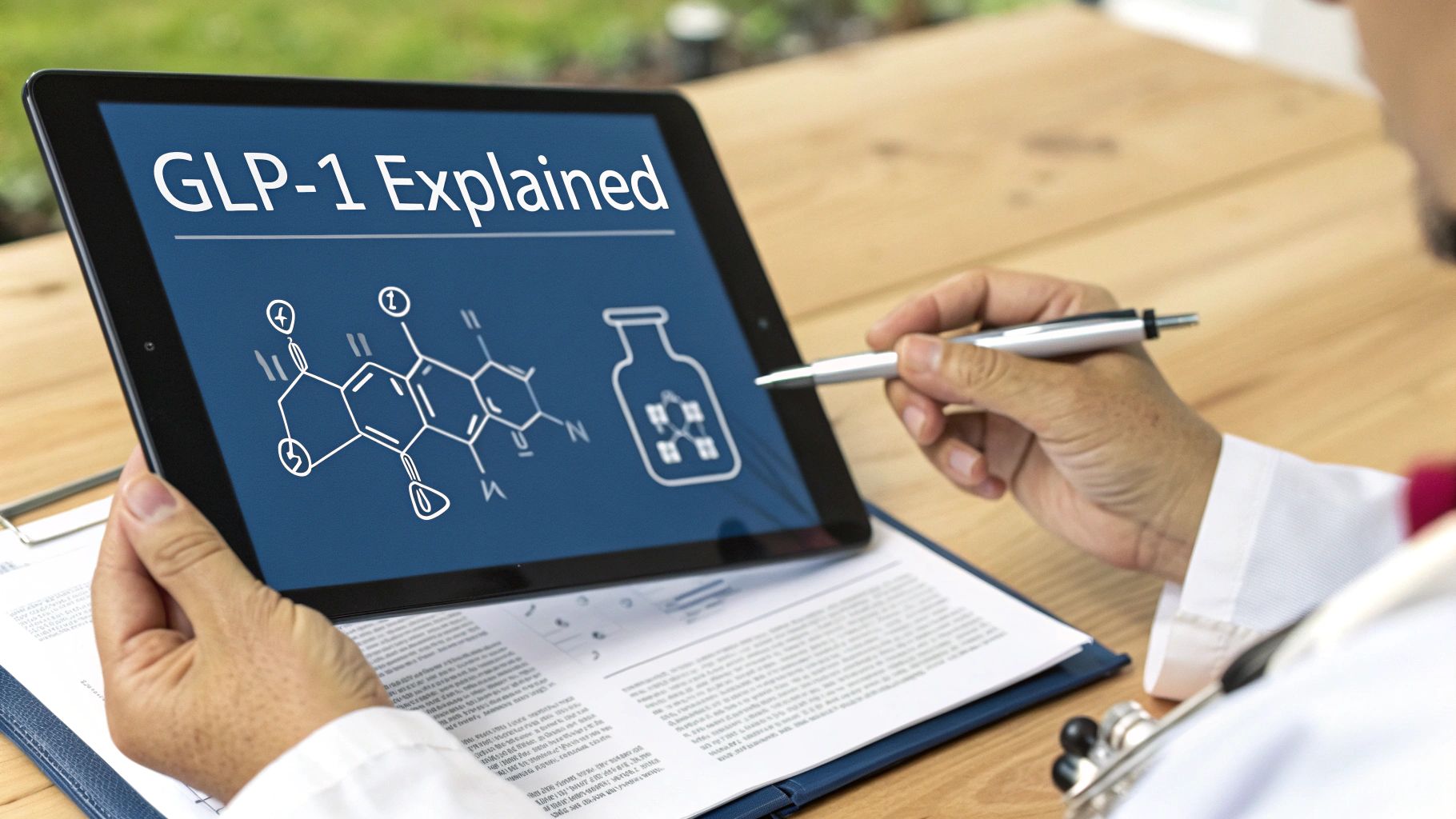 A healthcare professional points at a tablet showing "GLP-1 Explained" with chemical diagrams.