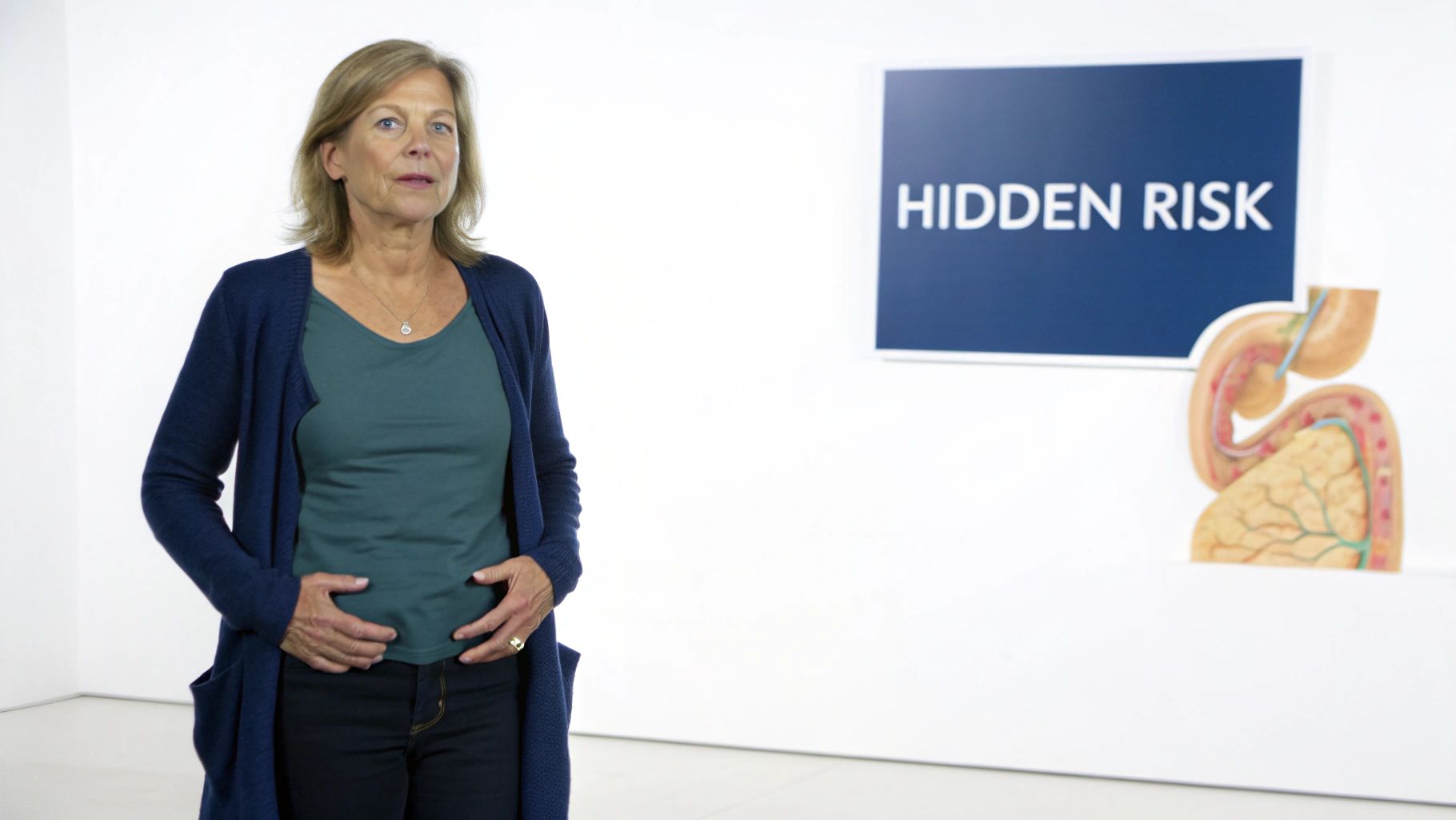 A woman holds her stomach near a 'HIDDEN RISK' sign and internal organ diagram.