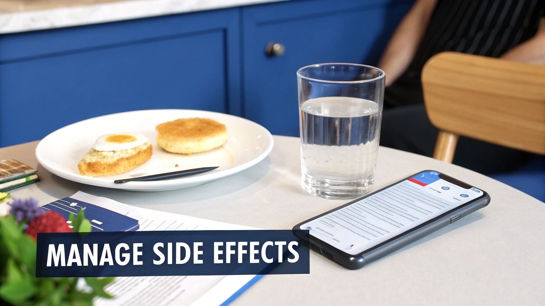 A plate with breakfast food, a glass of water, and a smartphone displaying health information on a table.