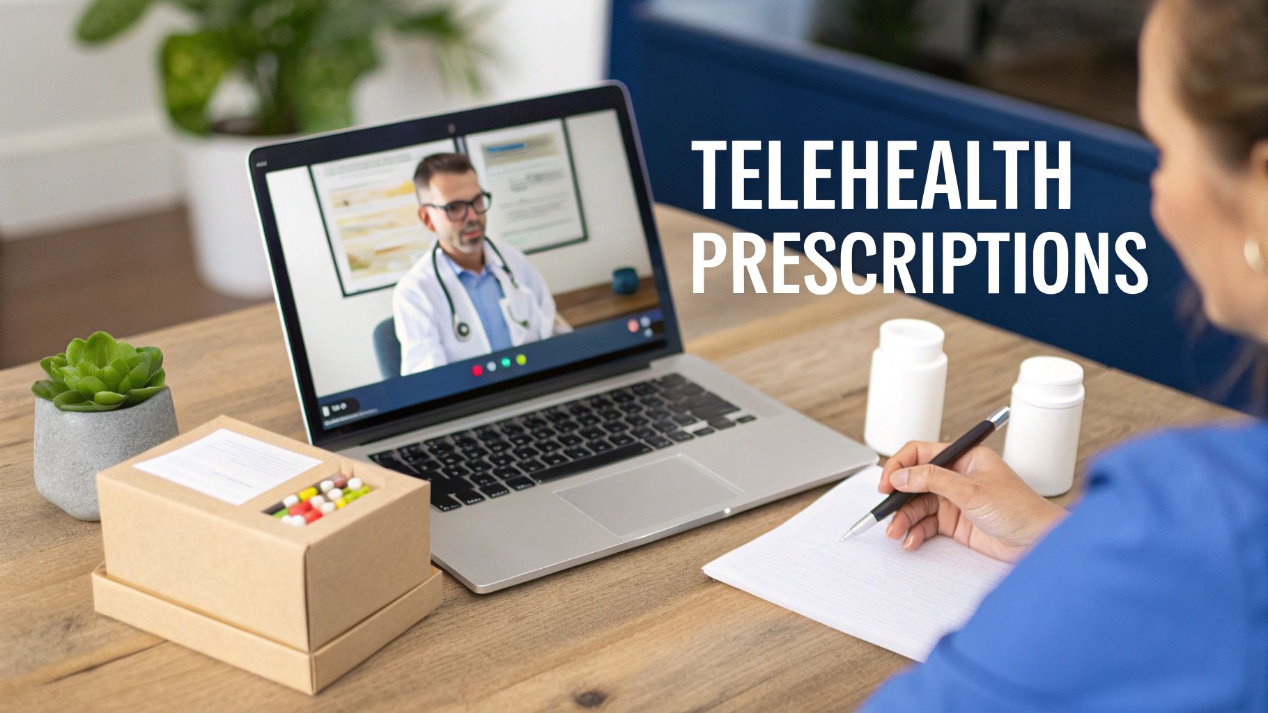 A person on a telehealth video call with a doctor to discuss and obtain prescriptions.