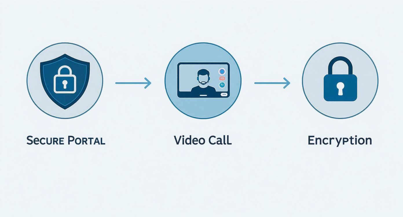Flowchart illustrating a secure telehealth video call process from a portal to encryption.