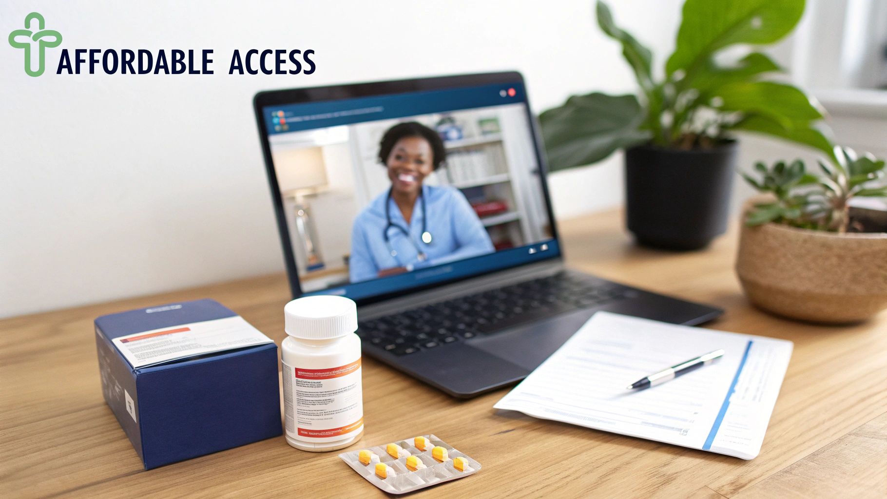 Telehealth consultation on a laptop with a doctor, surrounded by medicine and documents, symbolizing affordable access.