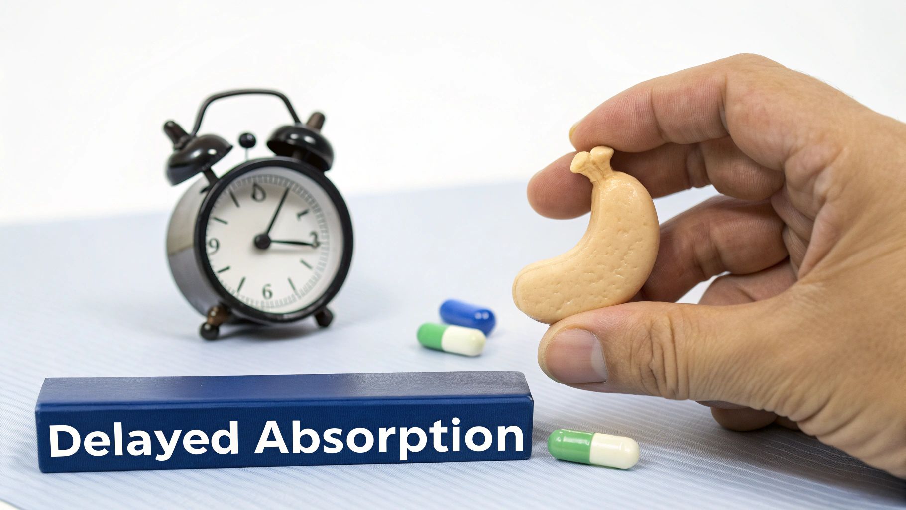 A hand holds a stomach model, with an alarm clock, pills, and 'Delayed Absorption' text, symbolizing drug interaction.