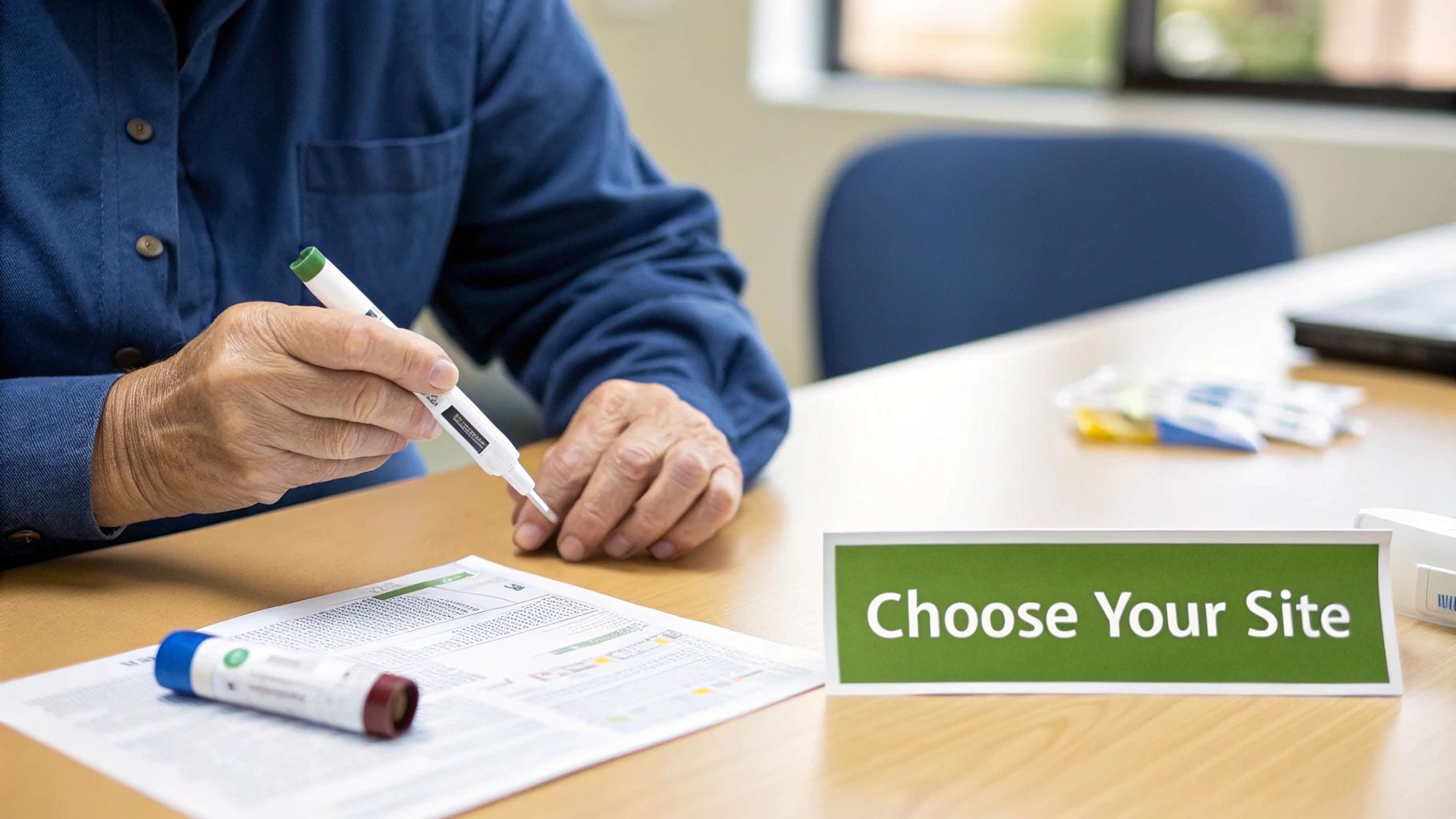 A person's hands hold an injection pen over a form, with a 'Choose Your Site' sign on the table.