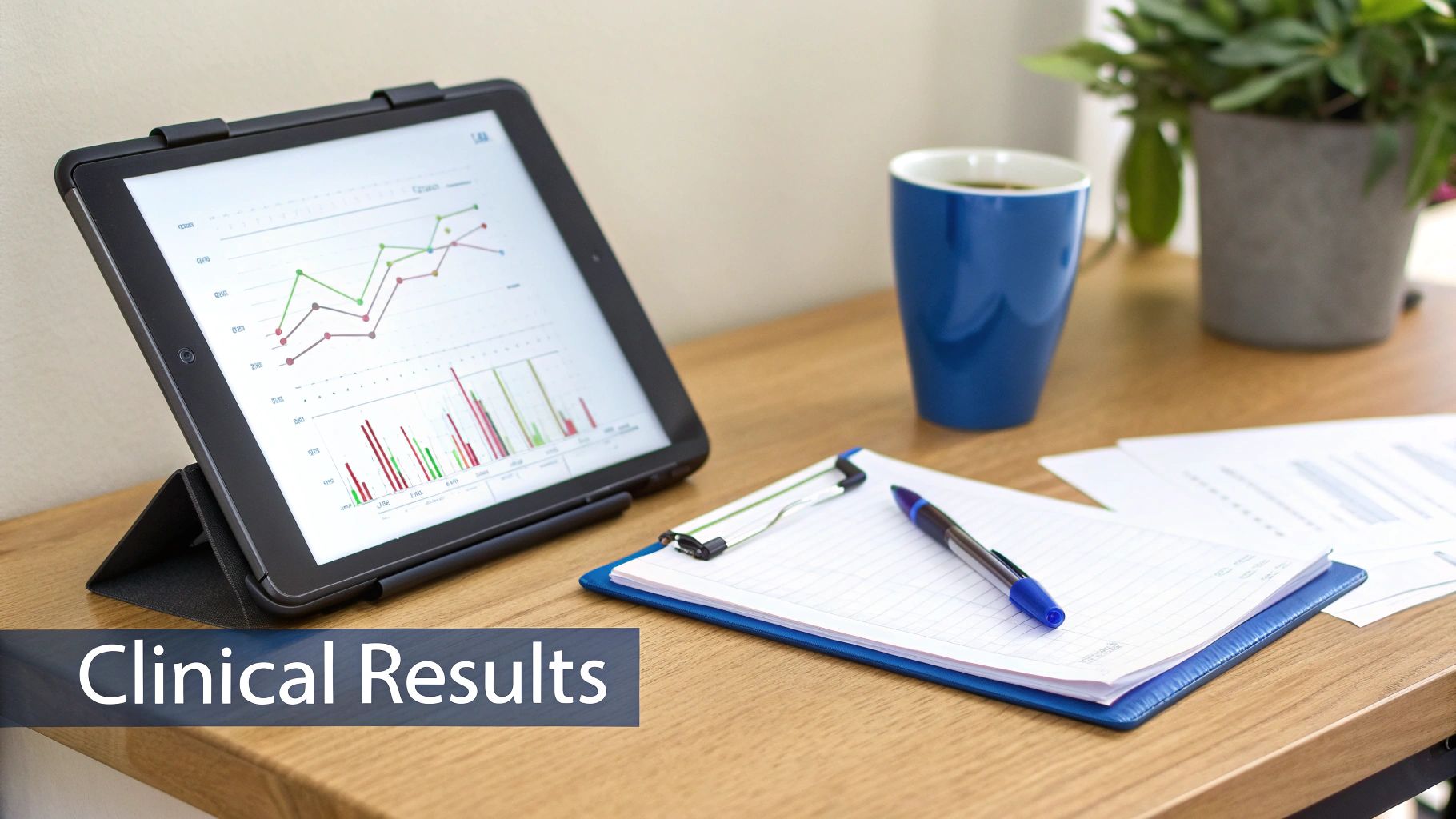 A tablet displaying clinical results graphs on a desk with a notebook, pen, and coffee mug.