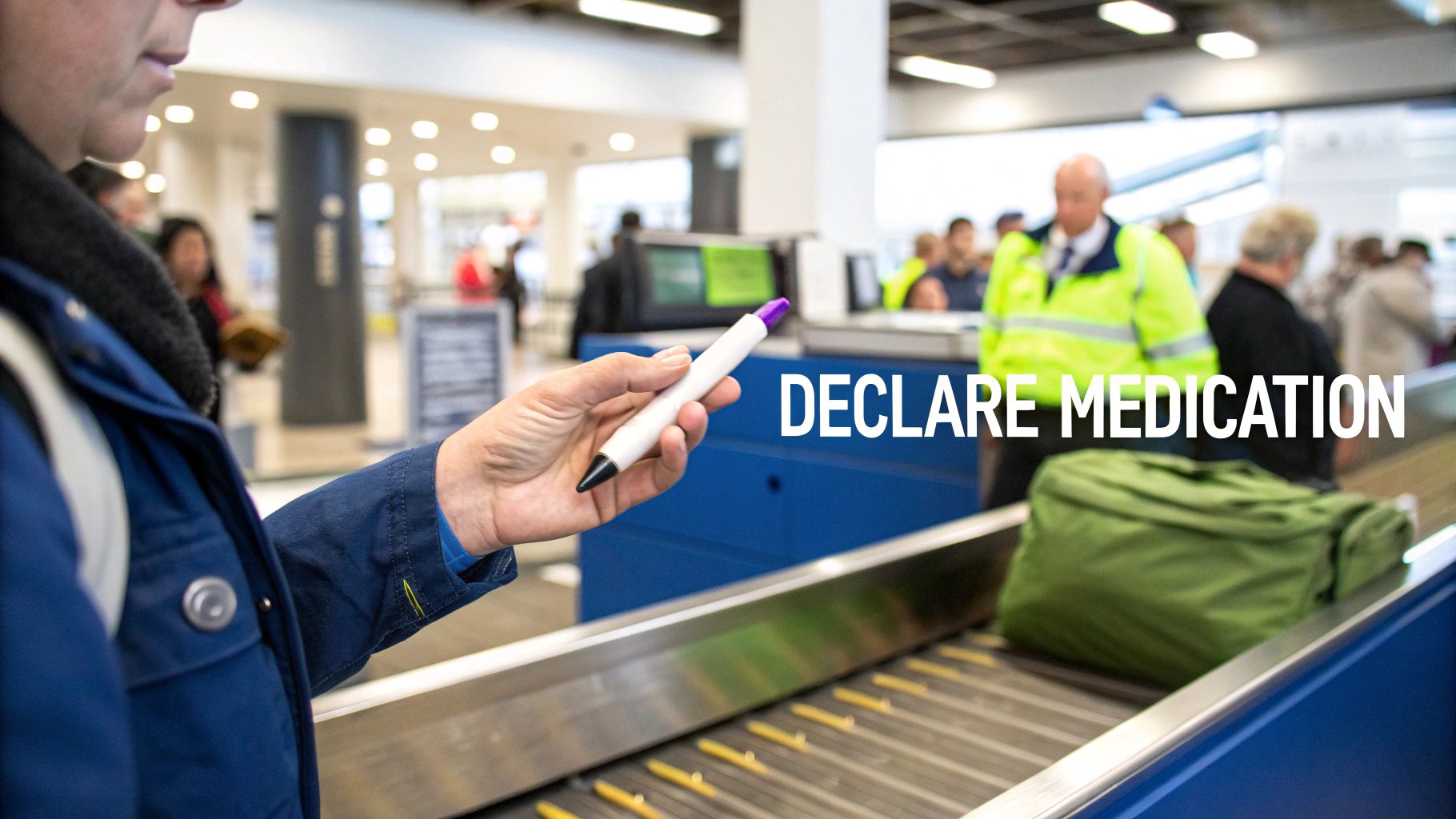 A person's hands packing a suitcase, with semaglutide pens and a doctor's note visible.