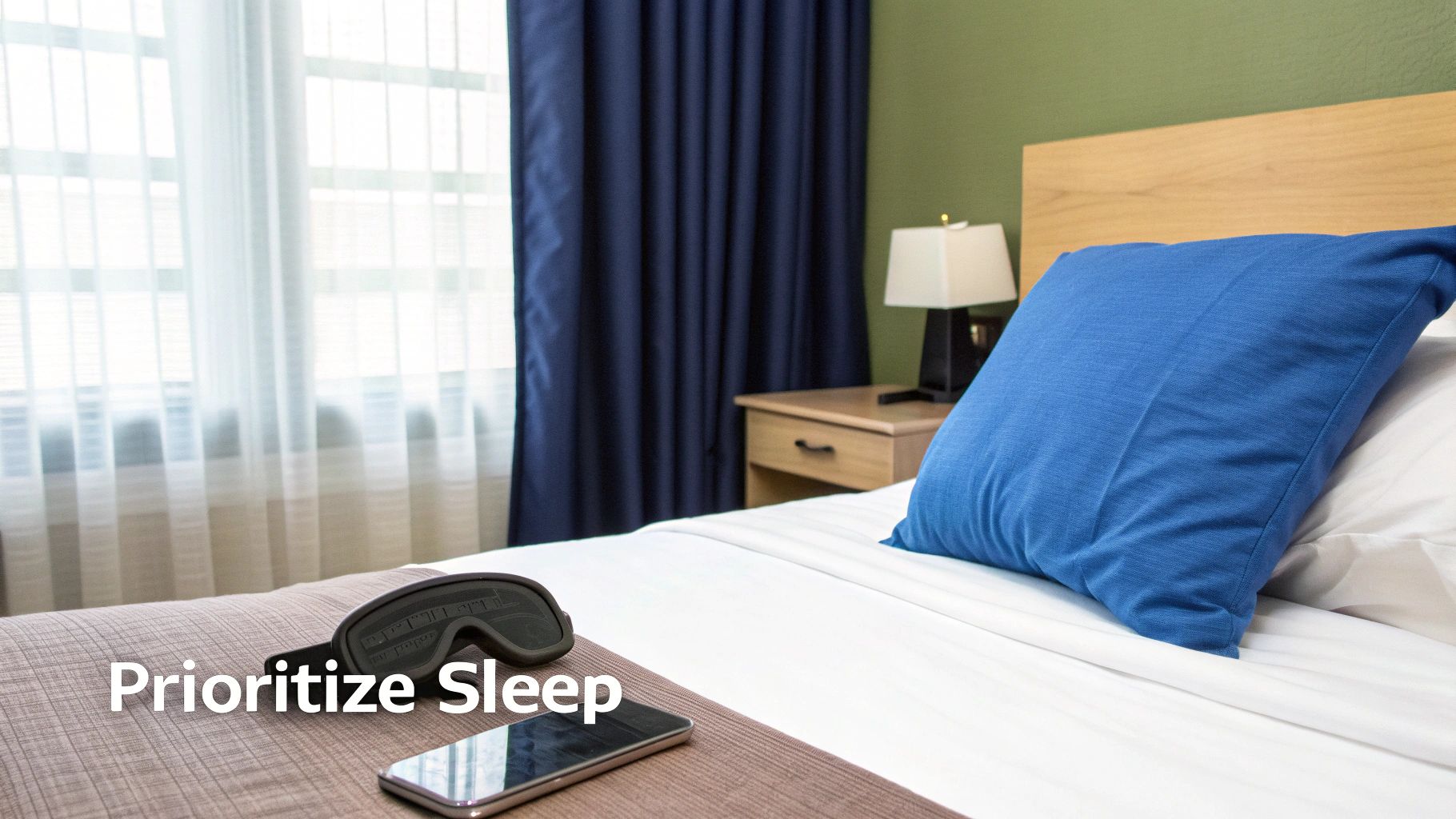 A neatly made bed with a blue pillow, sleep mask, and smartphone, emphasizing sleep.