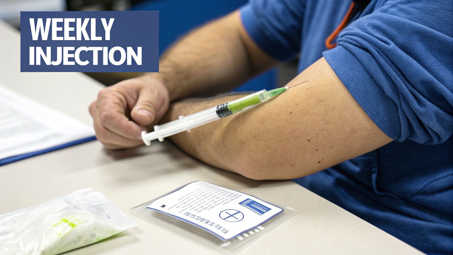 A person receiving a weekly injection into their arm with a syringe containing a green liquid.