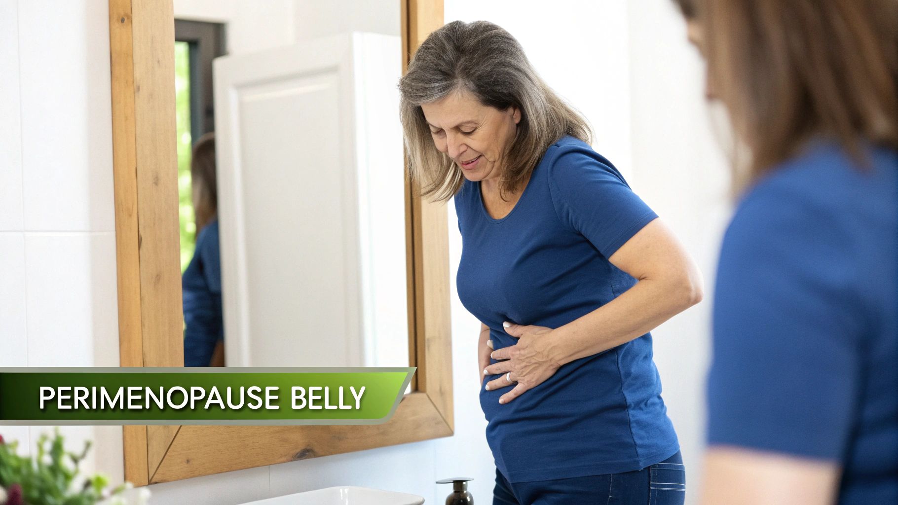 A woman looks at her belly in a bathroom mirror with concern, holding her stomach.