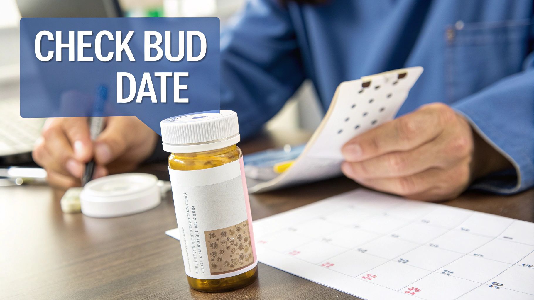 A healthcare professional reviews a calendar and a medication bottle, with an overlay asking to 'CHECK BUD DATE'.