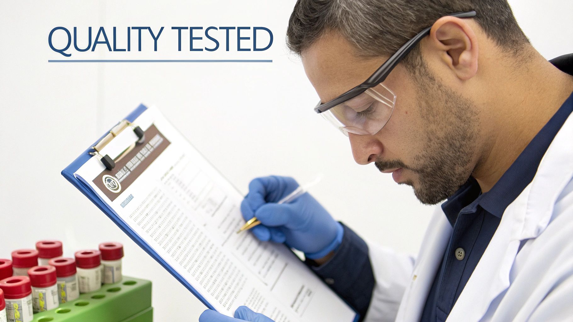 A scientist in a lab coat and safety glasses writes on a clipboard during quality testing.