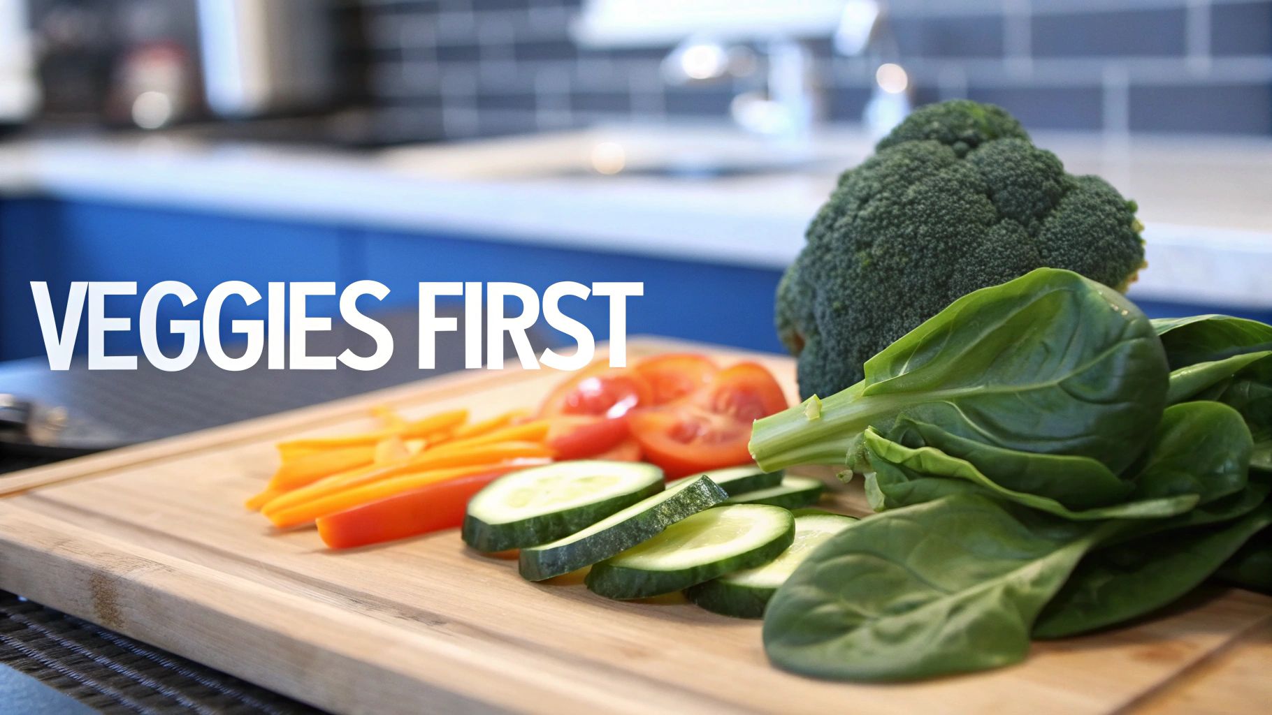 A colorful assortment of non-starchy vegetables like broccoli, bell peppers, and leafy greens arranged on a wooden board.