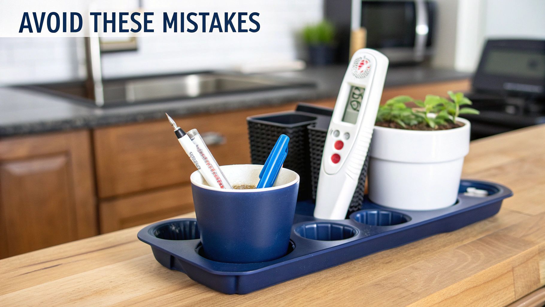 Kitchen counter with a blue tray, measuring tools, a small plant, and containers, warning 'AVOID THESE MISTAKES'.