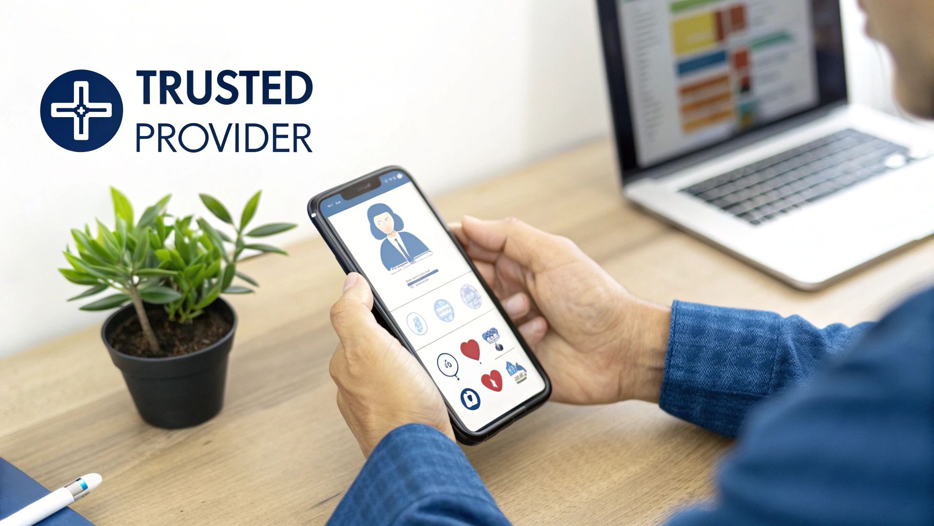 A person interacting with a medical app on a smartphone, branded 'Trusted Provider'.