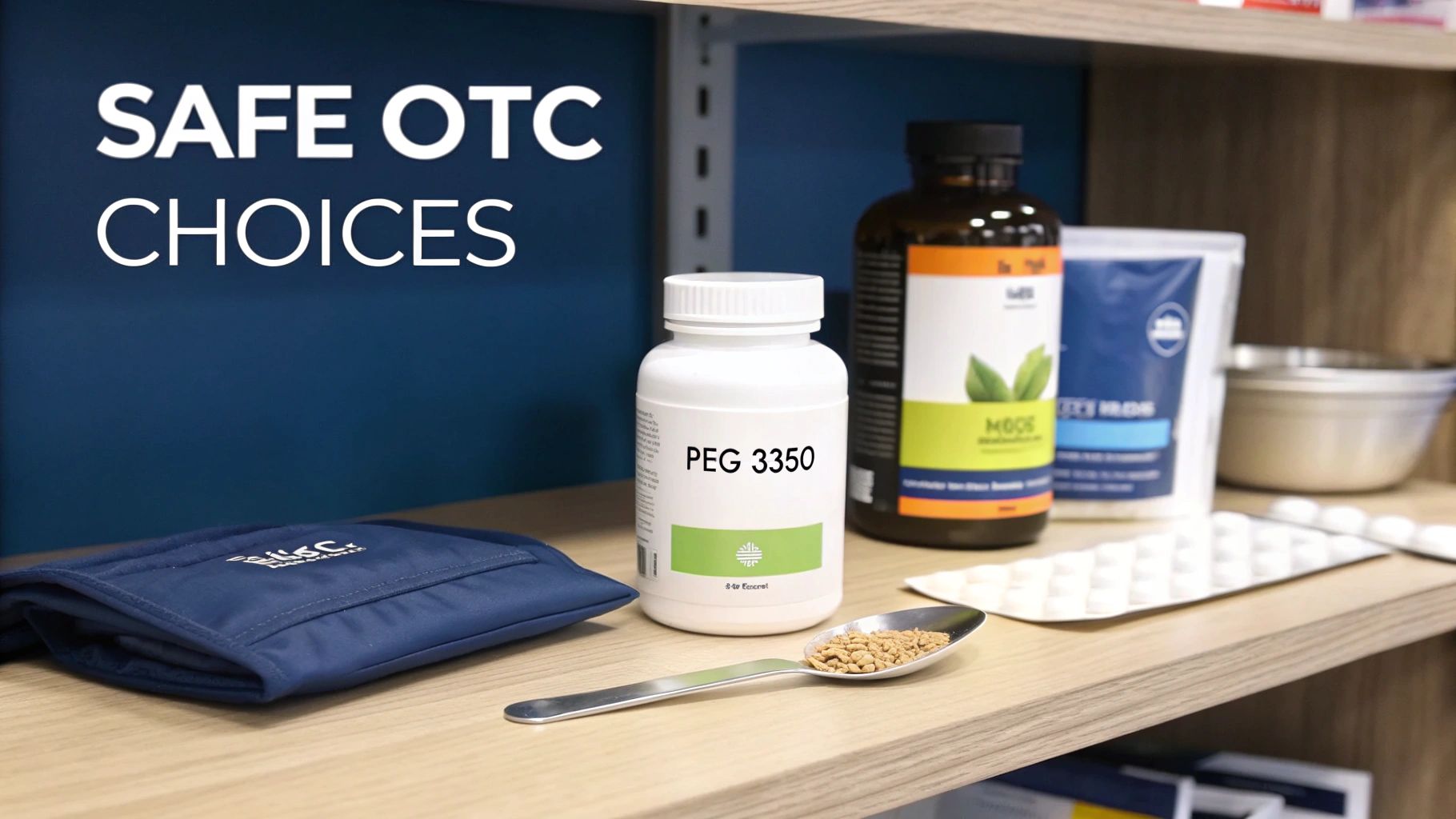 Various over-the-counter remedies, including PEG 3350, and other health products on a shelf.
