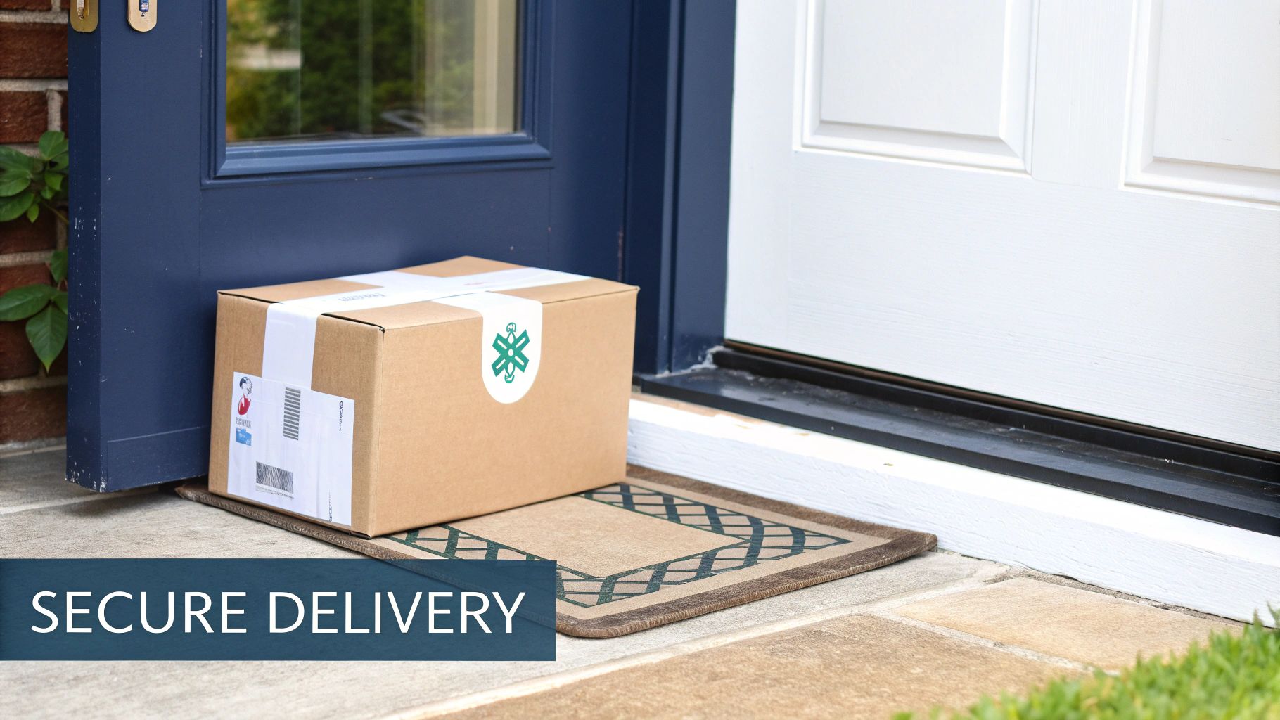 Cardboard package with medical logo delivered securely to residential doorstep for online prescription service