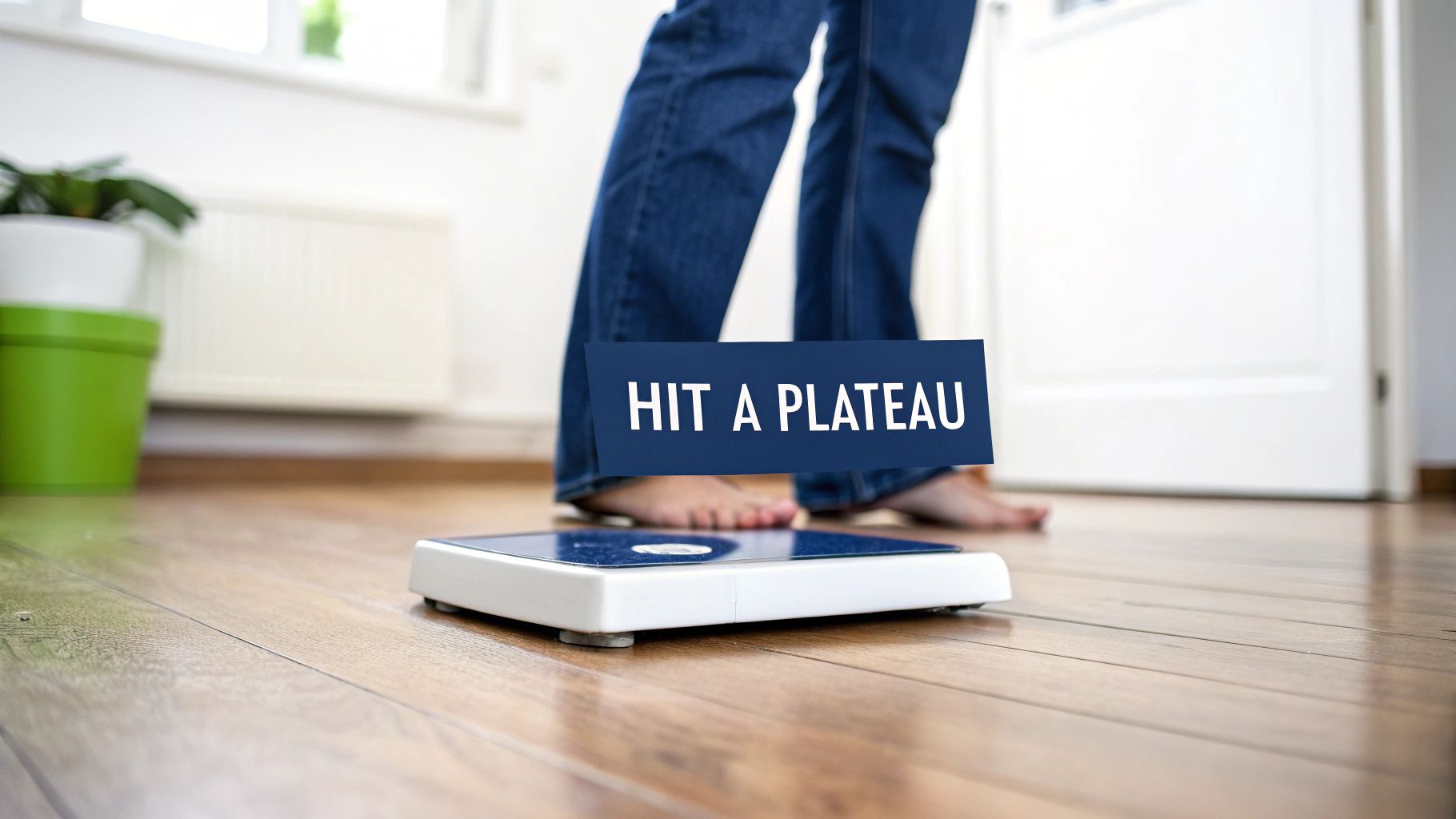 A person's feet, wearing jeans, on a digital weighing scale with 'HIT A PLATEAU' banner.