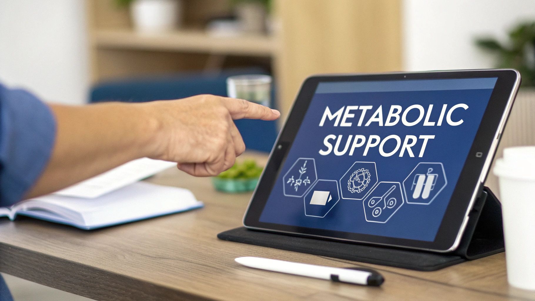 Person pointing at tablet screen displaying metabolic support information with hexagonal icons on desk