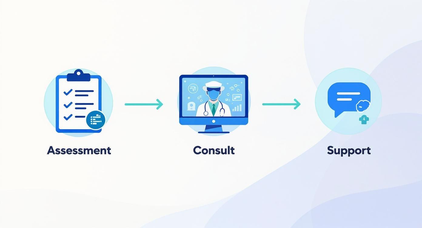 Infographic showing the three main steps of a telehealth weight loss journey: Assessment, Consult, and Support.