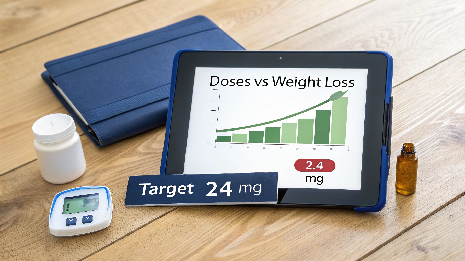 Tablet displaying a Doses vs Weight Loss graph with 'Target 24 mg' and '2.4 mg' next to medical supplies.