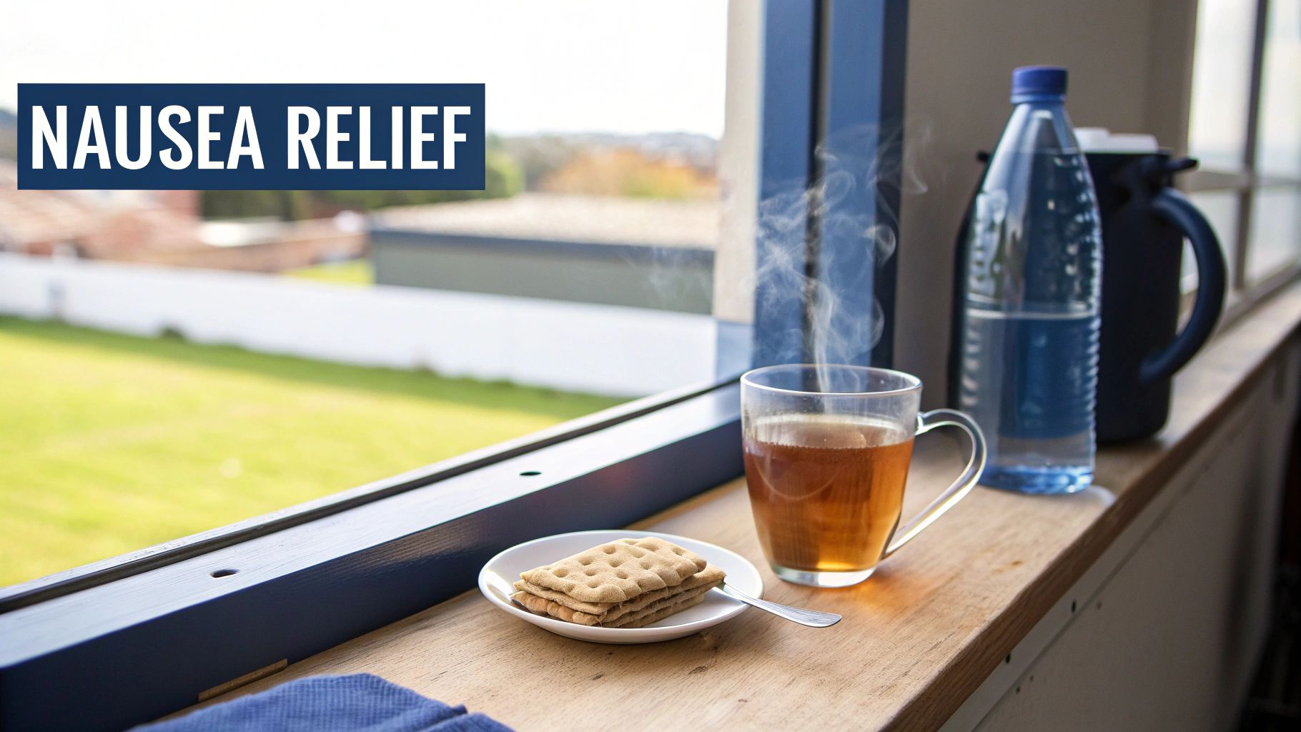 Steaming cup of tea and crackers on a windowsill, suggesting nausea relief.
