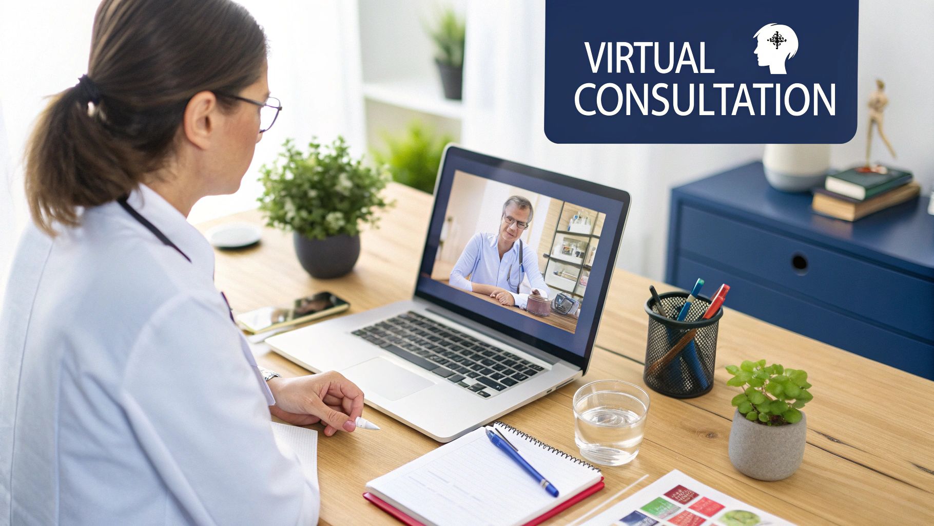 A doctor having a friendly and professional video call with a patient on a tablet.