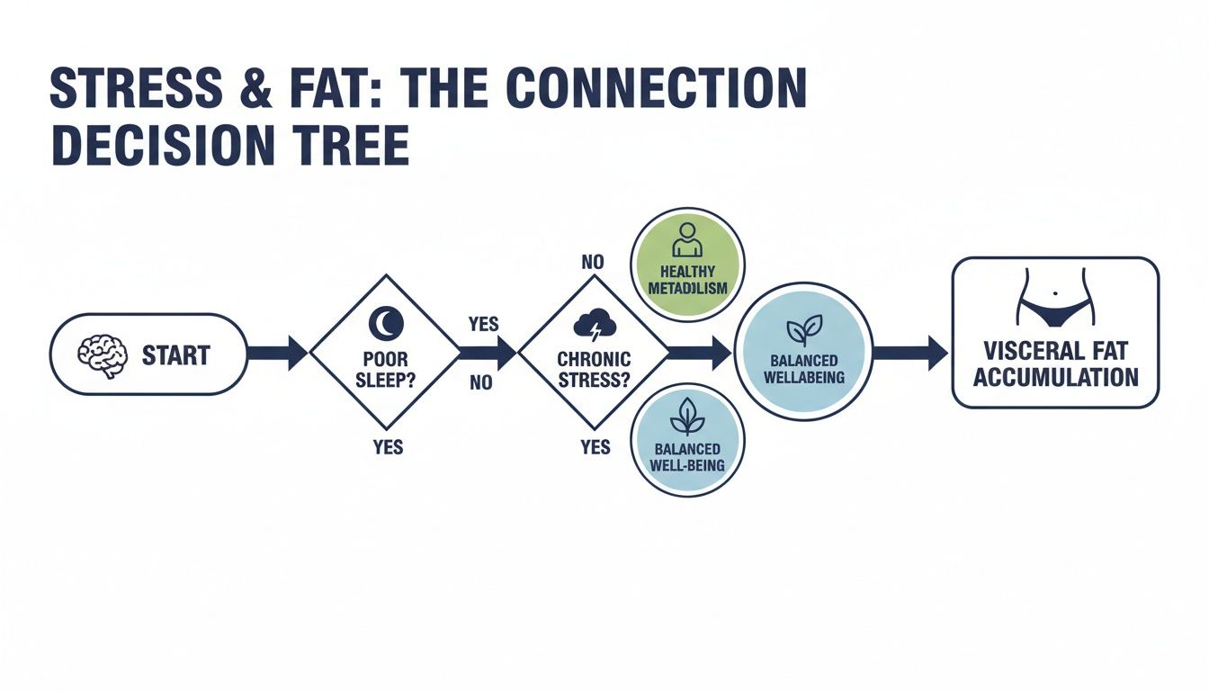 Decision tree illustrating the connection between stress, poor sleep, and chronic stress leading to visceral fat accumulation or healthy metabolism.