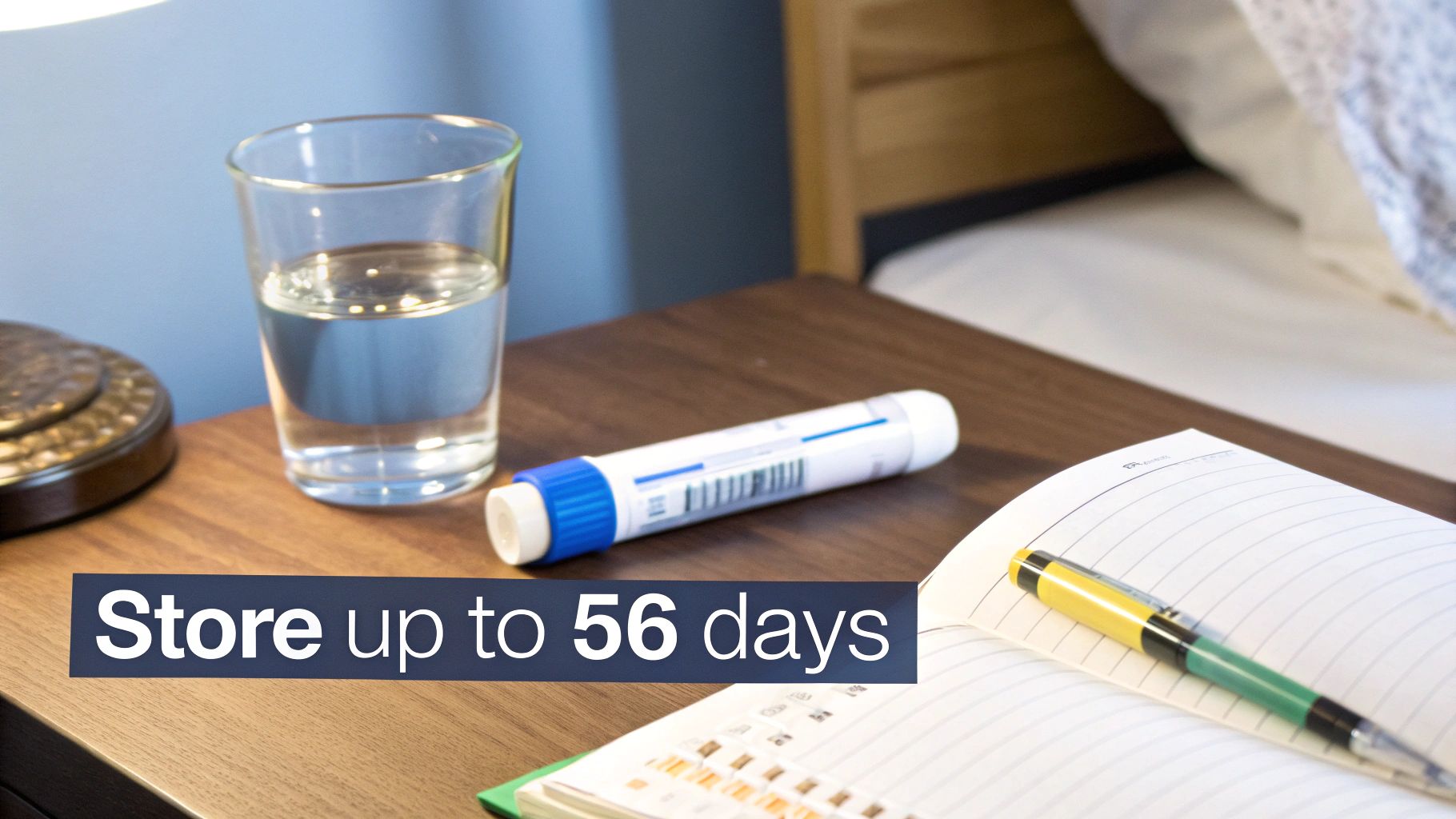 A nightstand with a glass of water, an injector pen, and a notebook with text 'Store up to 56 days'.