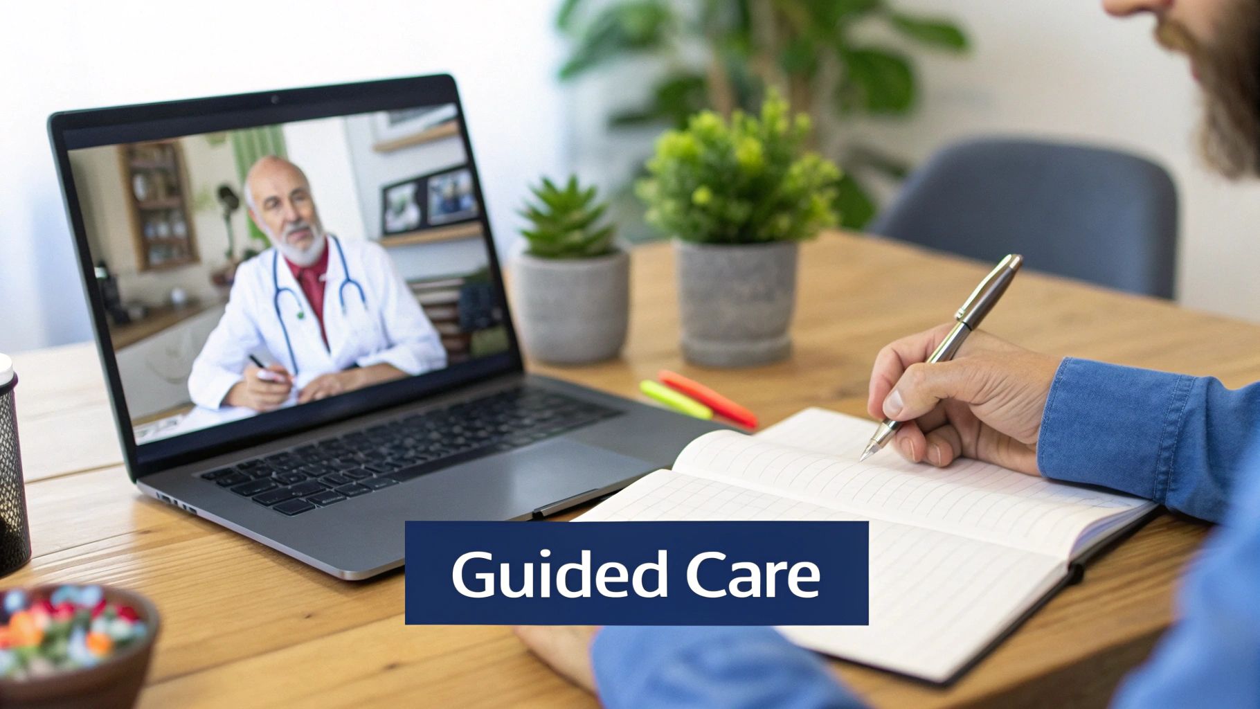 A man takes notes during an online video call with a doctor, symbolizing telehealth or guided care.