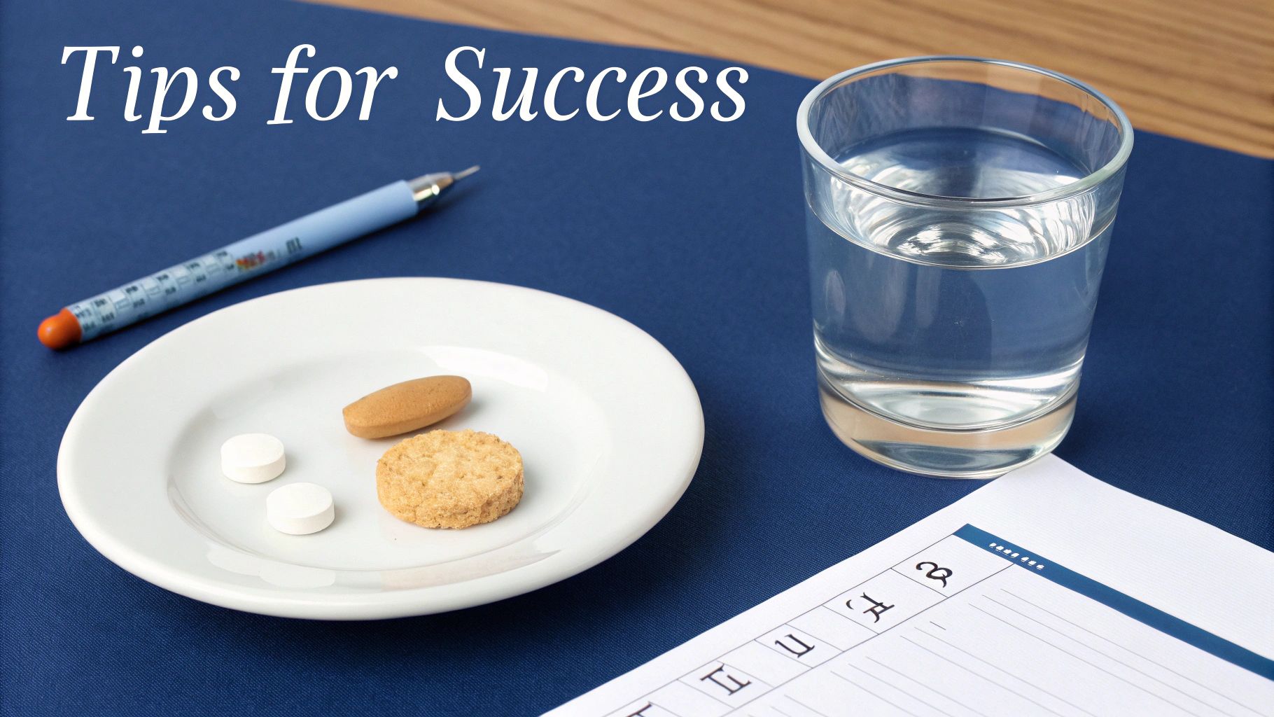 Pills, a biscuit, and water on a desk with a pen and planner, reading 'Tips for Success'.