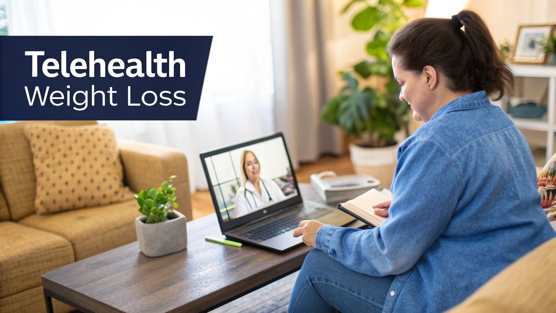 A smiling woman using her laptop for a telehealth consultation with her doctor.
