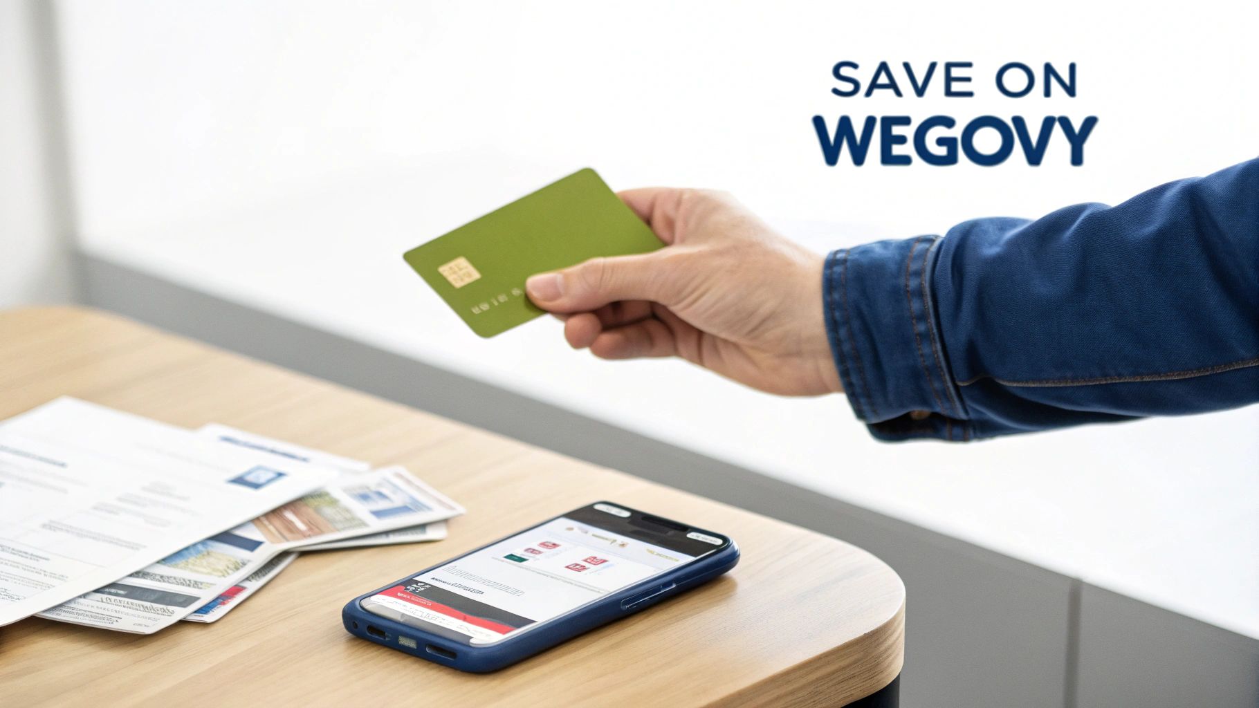 A hand holds a green credit card over a smartphone and papers on a table, with text 'SAVE ON WEGOVY'.