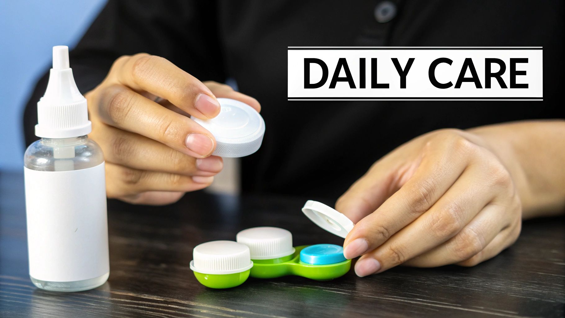 A person correctly cleaning their prescription colored contact lenses over a clean sink with the proper solution and case.