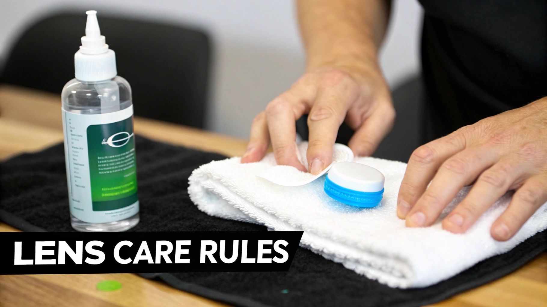 A person's hands are preparing to clean or store soft contact lenses with solution and a case on towels.