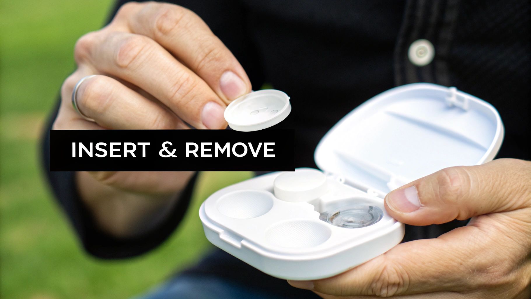 A person carefully placing a contact lens on their fingertip, ready for insertion.