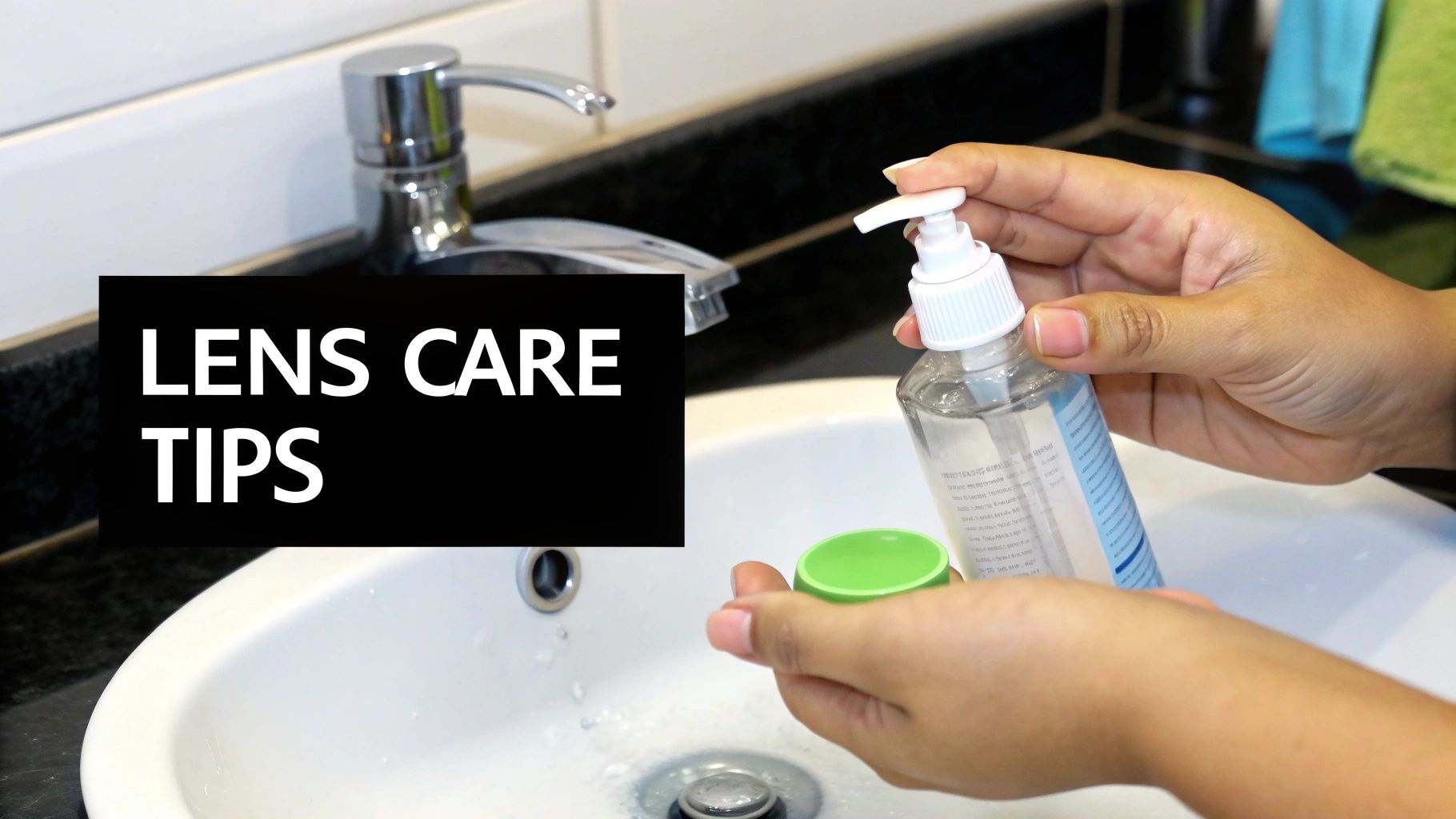 A person holds a contact lens solution bottle and green case lid over a bathroom sink.