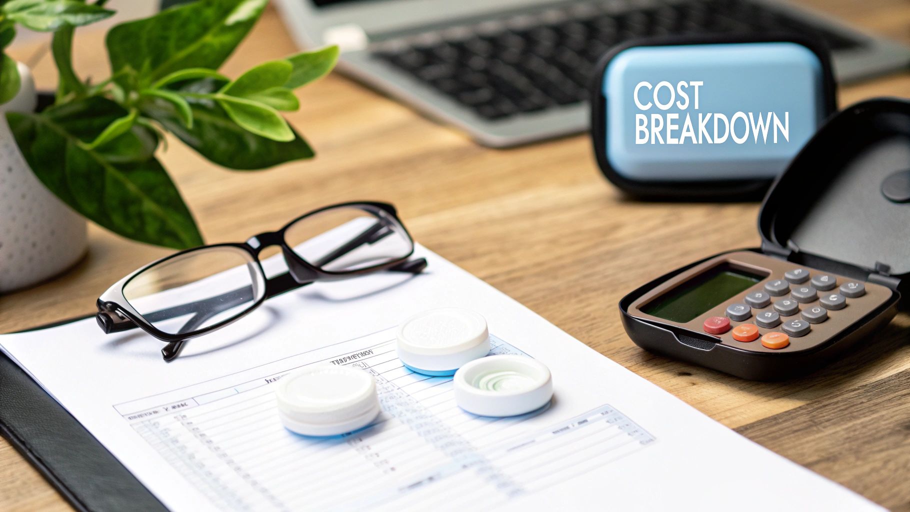 A desk setup with 'COST BREAKDOWN' case, calculator, glasses, contact lens cases, and financial documents.