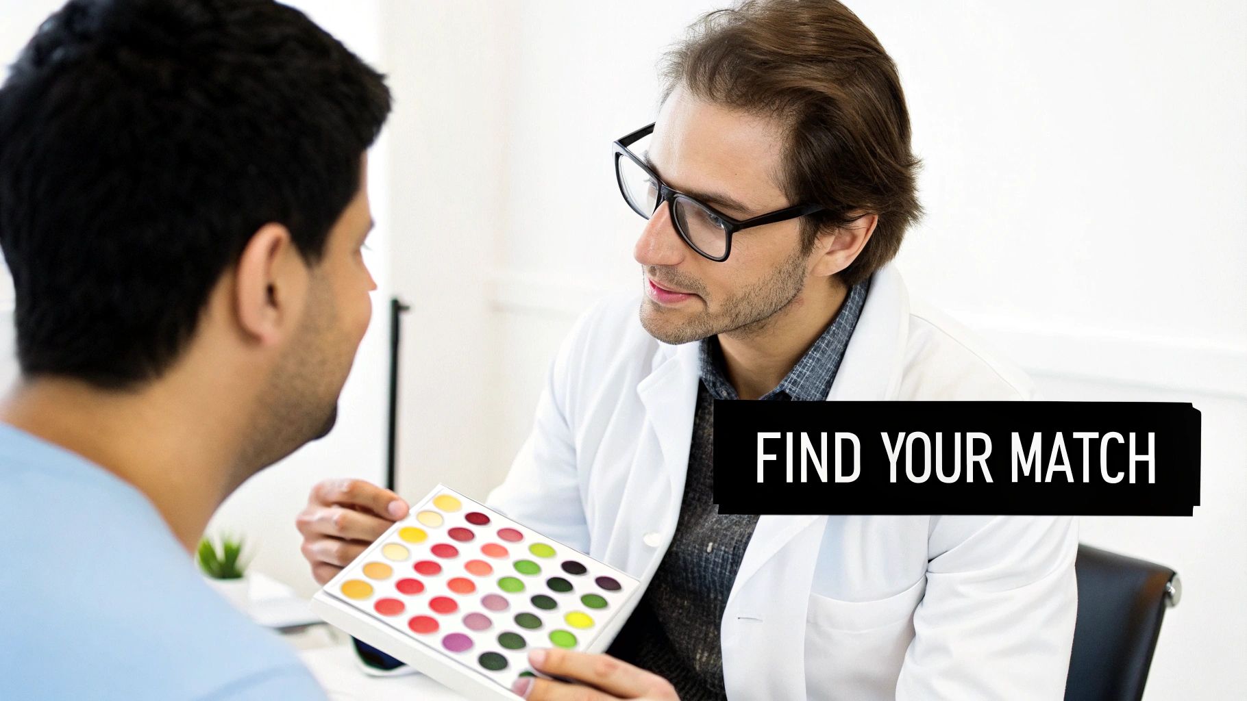 A man in a lab coat and glasses holds a color palette for another man, implying a matching process.