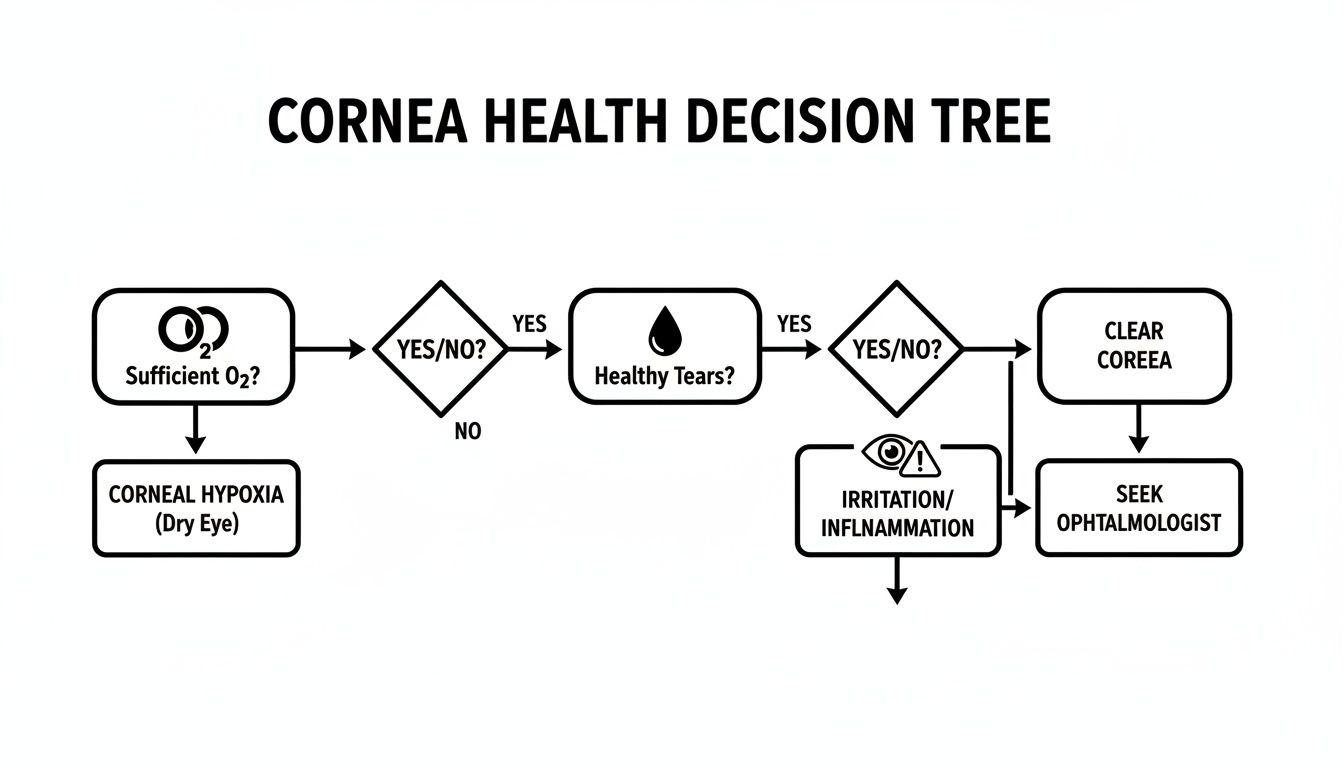 A flowchart titled 'Cornea Health Decision Tree' illustrates steps for assessing eye health, including oxygen and tear sufficiency.