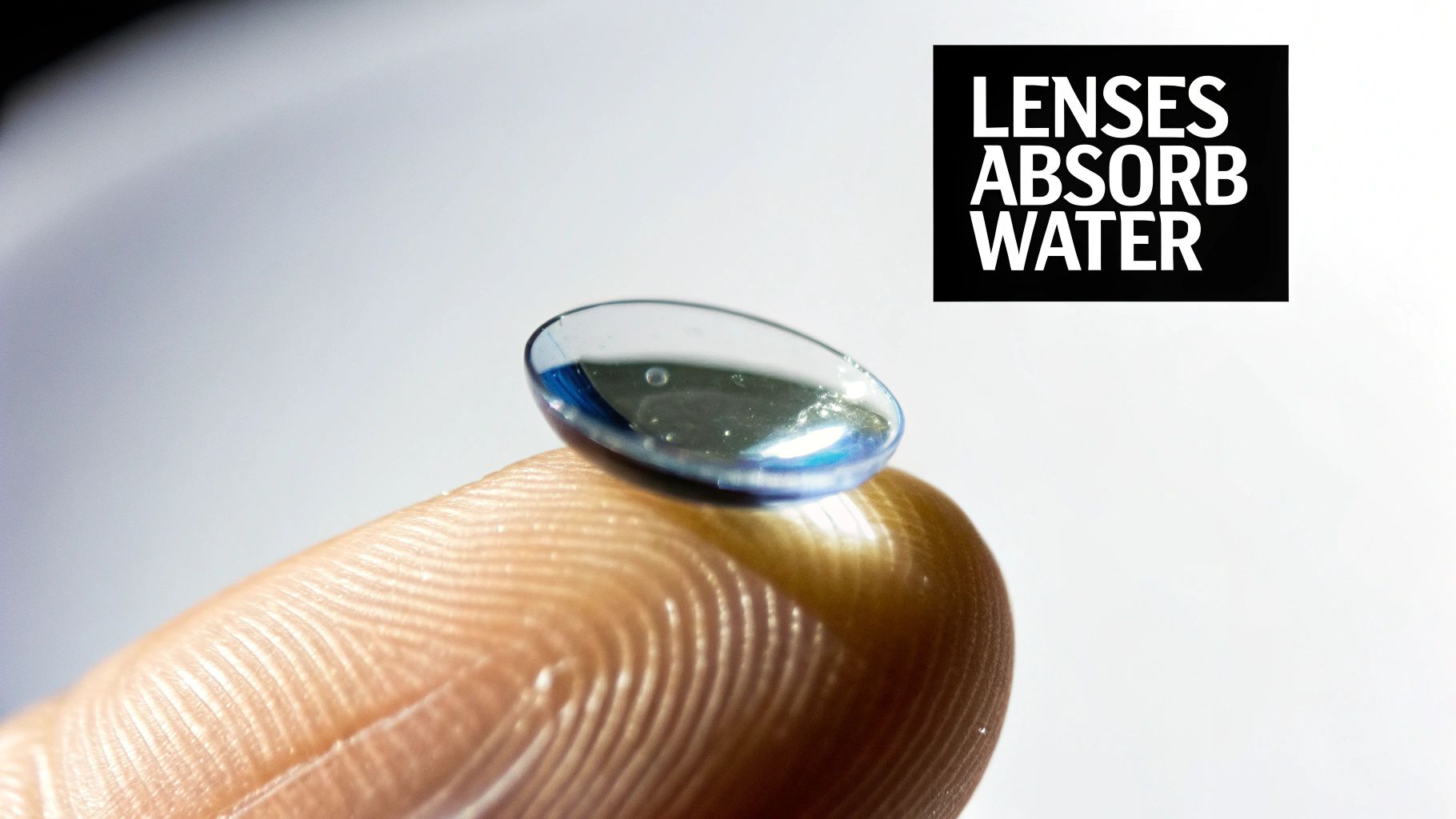 Close-up of a blue contact lens resting on a fingertip, with text LENSES ABSORB WATER.