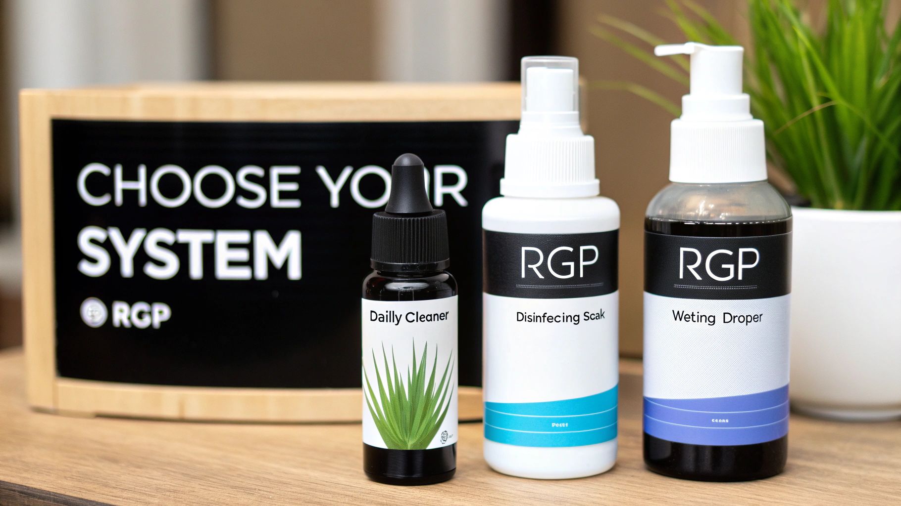 Three RGP contact lens solutions: Daily Cleaner, Disinfecting Soak, and Wetting Dropper.