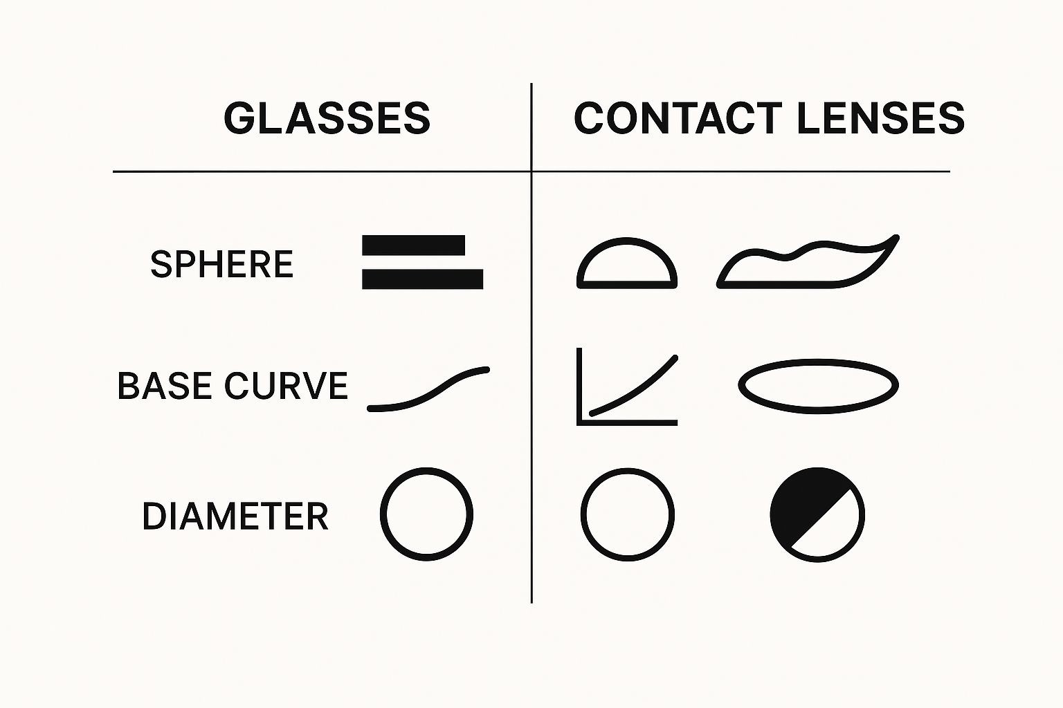 Infographic comparing the measurements on a glasses prescription (sphere only) to a contact lens prescription (sphere, base curve, and diameter).
